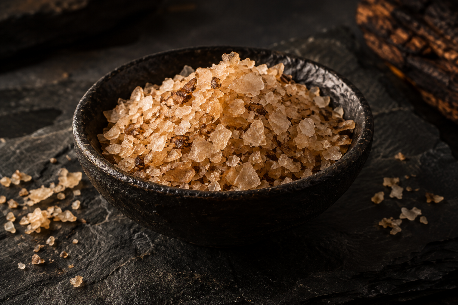 A dark ceramic bowl filled with amber-colored smoked salt